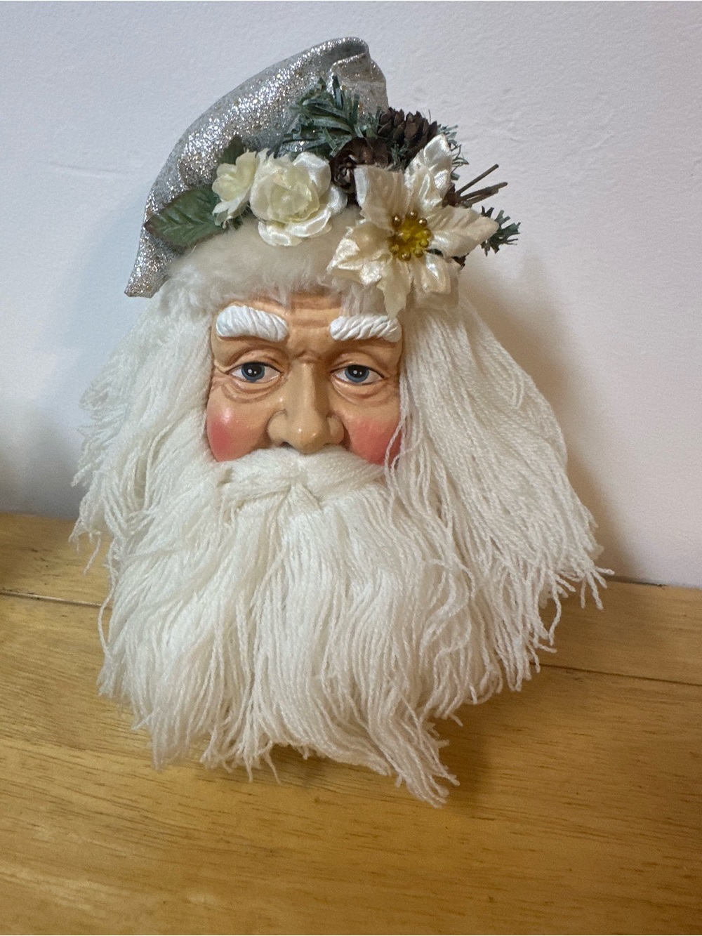 Vintage Decorative Santa Head with White Yarn Beard and Floral Hat
